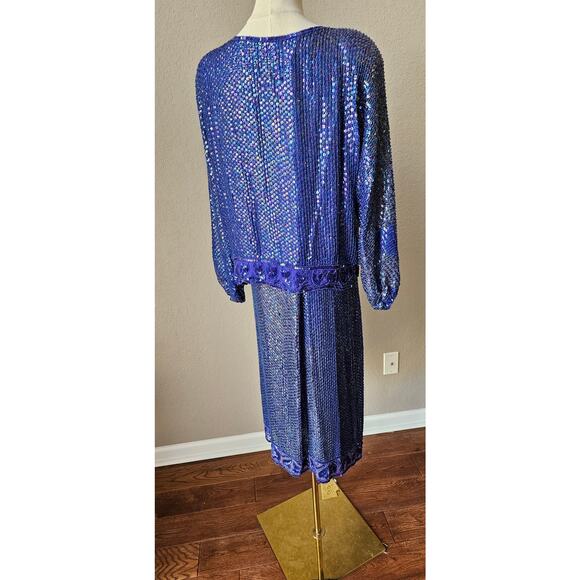 Vintage Women's Fully Sequin Beaded Silk Long‎ Sleeve Top & Skirt Set Large Blue - Picture 5 of 9